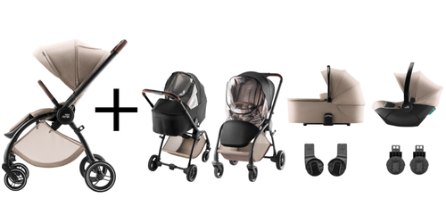 Poussette RIO et nacelle RIO avec accessoires essentiels, coloris Teak, faisant partie du PACK RIO EVERYDAY CORE